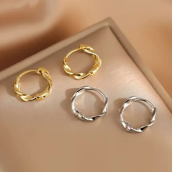 Gold Twisted Small Hoop Earrings Simple Elegant Rope Drop Huggie Style Fashion - Picture 4 of 4